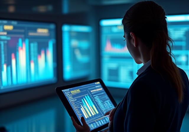 Modern business intelligence dashboard being used by a professional